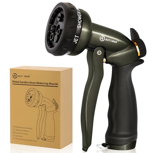 AUTOMAN Garden Hose Nozzle - 7 Patterns Sprayer, 100% Metal High Pressure Spray Nozzle, Labor-Saving Design, Heavy Duty Water Hose Nozzle for Garden Watering, Car Washing, Window Cleaning,Pets Bathing - color: Metalic Olive
