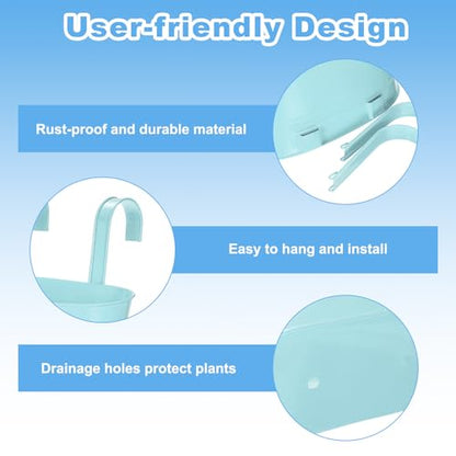 uxcell Rail Planter for Outdoor Plants, 4 Pcs 11" Iron Wall Hanging Planters Fence Railing Balcony Planters with Drainage Holes and Detachable Hooks, Light Blue - color: Light Blue