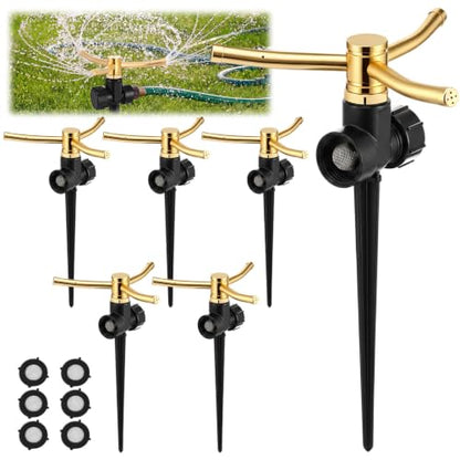 6 Pack Metal Lawn Sprinklers for Yard with Brass Nozzle & Aluminum Alloy Spike Base, Adjustable Automatic Garden Water Sprinkler System with Screen Gasket for Yard Lawn Greenhouse(Black) - color: Black