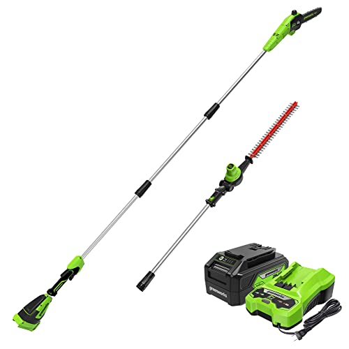 Greenworks 24V Brushless 10" Cordless Polesaw + Pole Hedge Trimmer Combo (Great For Pruning and Trimming Branches / Shrubs), 4.0Ah Battery and Charger Included - size: 10" Brushless Combo (4.0Ah), style: Polesaw