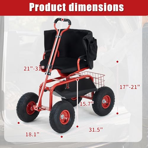 Rolling Garden Cart with Seat, Garden Workseat with 360-Degree Swivel - color: Red+backrest