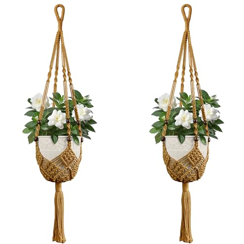USLAI Macrame Plant Hanger, for Up to 6.5 Inch Pots, 35 Inch, Tan, 2 Pack - color: 35+35 Inch - Tan
