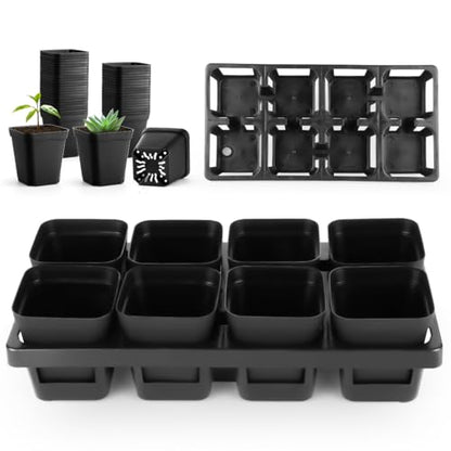 8 Cell Nursery Pots Trays 6 Pack (12" x 6"), 3 inch Square Plastic Nursery Pots 48 Pcs, Durable Carrying Seed Starter Tray, Planting Trays for Holding Small Seedling Pots with Drain Holes (Black) - color: Black, size: 48 Pots + 6 Trays