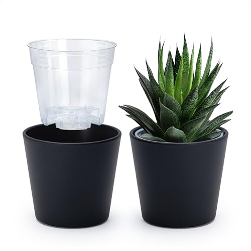Phoenix Vine 4.5 Inch Black Plastic Cachepot with Clear Nursery Pot, Decorative Lightweight Planter Cover with Transparent Inner Pot for Indoor Houseplants, Pack of 2, 24-B-E-2 - color: Matte Black, size: 4.5" (2 Pack)