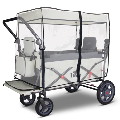 TMZ Foldable Wagon with Rain Cover & 2 Seats, Collapsible Folding Wagon with Adjustable Handle Bar, Multi Functional Cart with Canopy, Front Expandable Garden Cart (Transparent/Grey) - color: Transparent/Grey