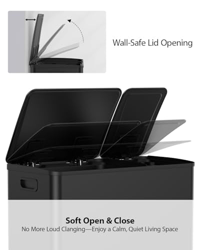 Lovewind Double Trash Can Kitchen, 13+5.5 Gallon Stainless Steel Dual Trash and Recycle Bin Combo with Silent Close Lid, Heavy-Duty Foot Pedal, Easy to Clean Garbage Can for Large Families, Black - color: Black, size: 13+5.5 Gallon