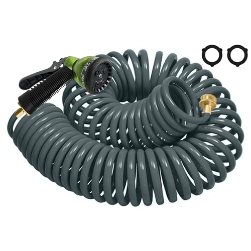 Coil Hose 25FT EVA Coil Garden Hose With 3/4'' Brass Connector - color: Gray, size: 25ft