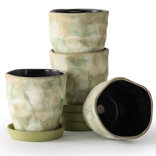 Modern Irregular Ceramic Planter Set of 4, 4 Inch Small Unique Reactive Glaze Flower Pots with Drainage Holes & Saucers - Indoor Outdoor Decorative Succulent Orchid Pots- Light Green - color: Light Green, size: 4inch-Set of 4