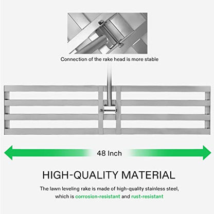 VIVOSUN 48" Lawn Leveling Rake, 48" x 10" x 78" Heavy-Duty Stainless Steel Lawn Leveler with 7FT Adjuatble Long Handle for High Effect, Metal Levelawn for Smooth Soil, Rustproof Rakes for Garden Yard - style: 48" x 10" Leveling Rake
