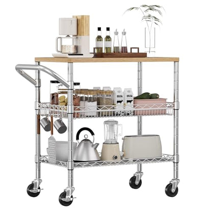 WDT 3 Tier Rolling Kitchen Carts with Wheels, Heavy Duty Rolling Utility Cart with Wood Tabletop, Commercial Grade Metal Cart with Handle and Hooks, NSF Storage Serving Island Carts, Light Wood+Metal - color: Light Wood+metal-3 Tier