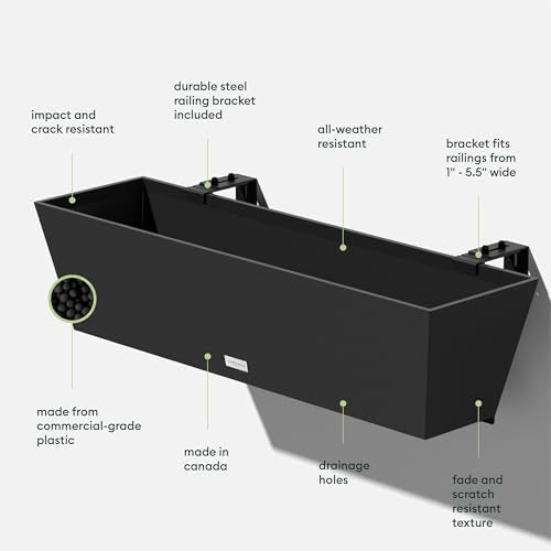 Veradek Pure Series Railing Planter - Tapered Window Box with Bracket - color: Black, size: 36 inch