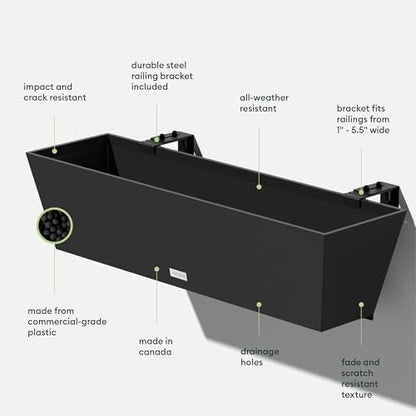Veradek Pure Series Railing Planter - Tapered Window Box with Bracket - color: Black, size: 36 inch