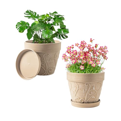 Melphoe Plant Pots Indoor with Drainage & Saucer, 2Pack 7 inch Flower Pots Outdoor Planters for Indoor Plants Garden Home Decor Cactus Succulent, Rigid Plastic (Imitation-Terracotta) Vine-Embossed - color: Undecorated Pottery Color, size: 7 inch
