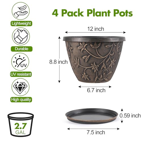 Nooulap 12 Inch Pots for Plants with Drainage & Trays, Retro Brown - color: Retro Brown, size: 12 Inch