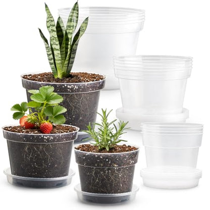 RooTrimmer 15 Pack 8/7/6 Inch Clear Nursery Pots with Saucer, Transparent Plastic Plant Pot with Drainage Hole, Sturdy Planting Starter Pots for Gardening Flower Herb Vegetable - color: Clear, size: Mix 6/7/8 Inch 15 Pack