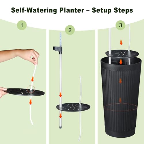 Self Watering Tall Planters Set of 2, Black Round - color: Round Stripe Black