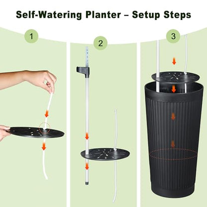 Self Watering Tall Planters Set of 2, Black Round - color: Round Stripe Black