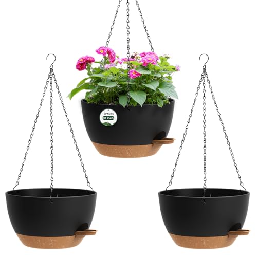 3 Pack 10 Hanging Flower Pots with Chains Self Watering Plastic Planters for Indoor Outdoor Plants, Sturdy Triangular Iron Chain Design for Garden PorchPlastic hanging flower pots (3, Black Brown) - color: Black Brown