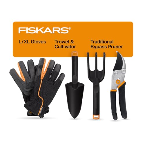 Fiskars 4-Piece Tool Set, Pruning Shears, Trowel, Cultivator & L/XL Gloves - style: Houseplant Starter Gift Set