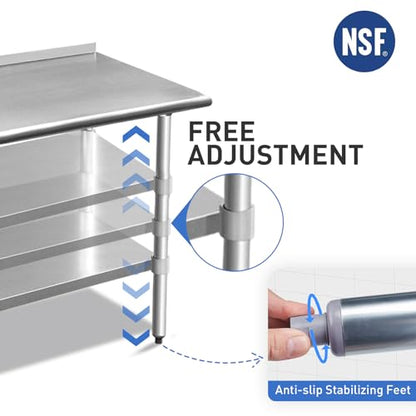 ROCKPOINT Stainless Steel Table for Prep & Work with Backsplash 24x48 Inches, NSF Metal Commercial Kitchen Heavy Duty Table with Adjustable Under Shelf and Table Foot for Restaurant, Home and Hotel - size: 24x48inch, style: with Backsplash