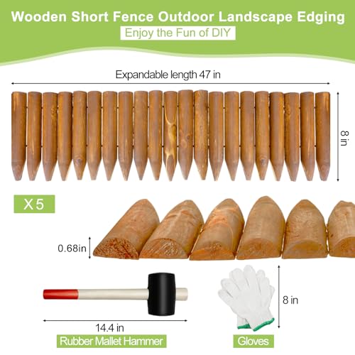 Hicarer 5 Pcs Wood Garden Edging Fence Border, 8" H x 47" L for Each, Wooden Solid Log Landscape Border, Short Decorative Flower Bed Barriers with Gloves & Hammer for Tree Lawn Yard(Light Wood Color) - color: Light Wood Color