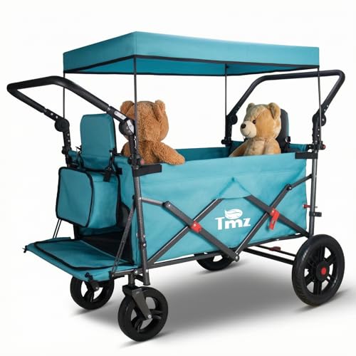 TMZ Collapsible Wagon with 2 Foldable Seats, Folding Wagon with Canopy, Multi Functional Cart with Adjustable Handle Bar, Front Expandable for Transport Camping (Turquoise/Grey) - color: Turquoise/Grey
