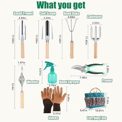 Garden Tool Set, 9 Pcs Heavy Duty Stainless Steel Gardening Hand Tool, Black Garden Tool Bag Kit, Gardening Supplies Gifts for Women Men Mom Dad Gardener Beginner - color: Turquoise