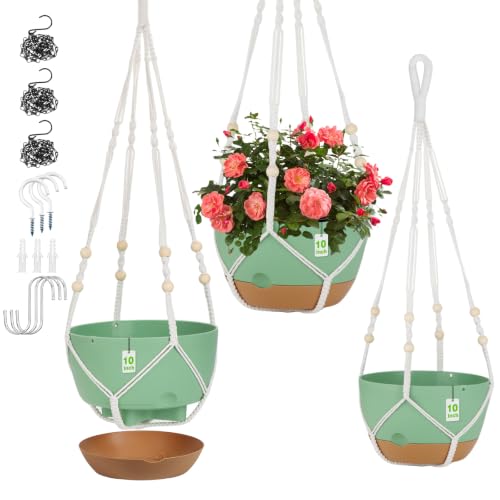 3 Pack Hanging Planter for Indoor Plants, 10inch Self-Watering Hanging Plant Pot, Macrame Plant Hanger with Pot, Chain, S & Ceiling Hooks, Removable Saucer and Drainage Holes for Garden Home - Green - color: Green