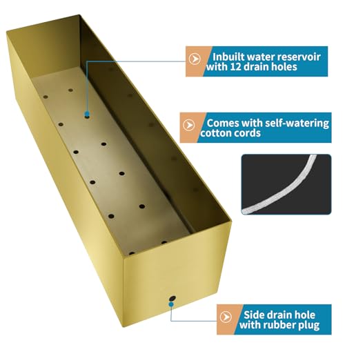 17" Large Stainless Steel Planter Box with Drain Holes and Water Reservoir, Rectangle Succulent Trough Planter Pot for Indoor Outdoor Windowsill, Table Decor (Brushed Gold) - color: Gold