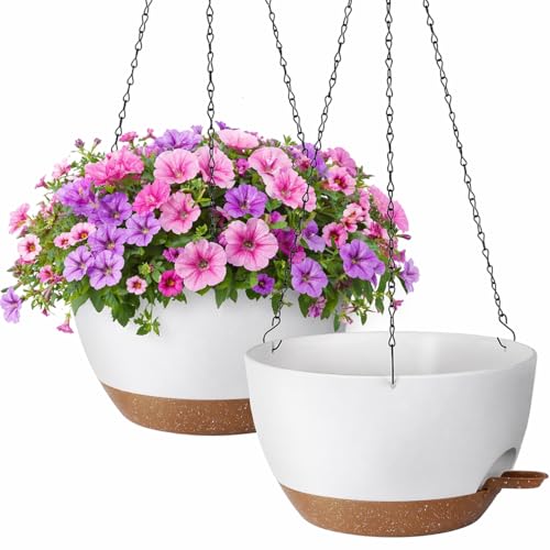 TYMENSH Hanging Plant Pots 12 Inch Set of 2, Self Watering, Drainage Holes, Removable Saucer, Durable Plastic with Chains, Indoor Outdoor, White - color: White