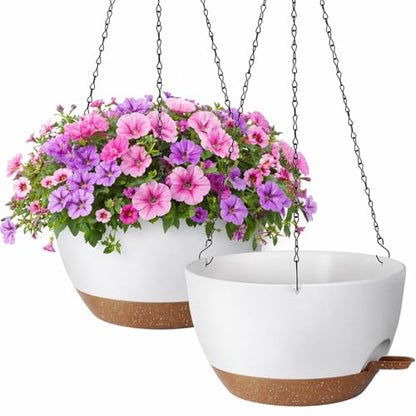 TYMENSH Hanging Plant Pots 12 Inch Set of 2, Self Watering, Drainage Holes, Removable Saucer, Durable Plastic with Chains, Indoor Outdoor, White - color: White