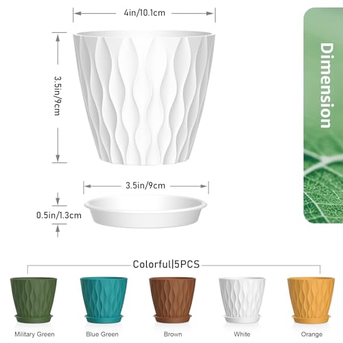Meowell 4 inch Small Plastic Nursery Pots, Seedling Pots, 5 Set Water Ripples Plant Pots for Indoor Plants, Flower Pots with Drainage Holes and Saucers, Seed Starter Pots for Succulent, Colorful - color: Colorful, size: 4 inch 5 pieces