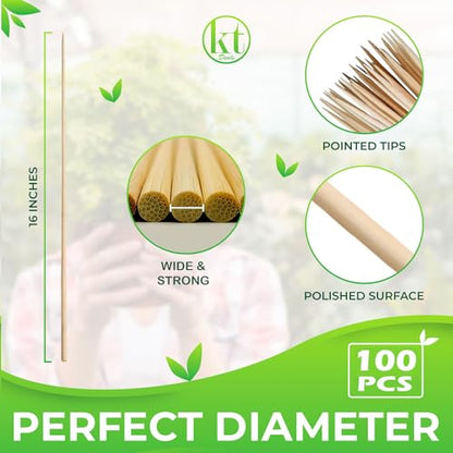 100 Pack 16" Bamboo Plant Stakes for Indoor Plants, Long Wood Skewers Sticks for Plant Support Tomato Floral Flower Bouquet, Garden Wooden Sticks Sign Posting and Other Crafts (100pc - 16 inch)