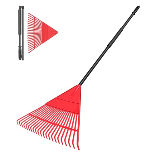 Garden Leaf Rake, 60" Garden Rakes with Foldable Lightweight Steel Handle, 22 Tines Plastic Head Shrub Rake, Folding Yard Garden Rake for Shrub, Lawns, Grass, Flower Beds Leaves Cleaning, Black & Red - style: 22 Tines, Black and Red
