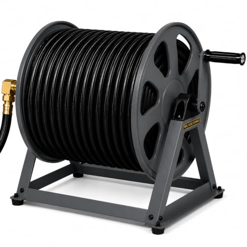 Dual Floor and Wall Mounted Garden Hose Reel, Holds 200ft of Water Hose, Heavy Duty Metal Hose Reel, Space Saving Hose Reel Organizer for Yard, Garage & Shed (Graphite) - color: Graphite
