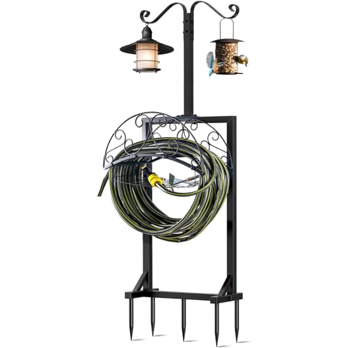 Garden Hose Holder, Upgraded Water Hose Holders with 5 Spikes & 2 Shepherds Hooks, Heavy Duty Metal Hose Stand Sturdy Freestanding Hose Hanger, Detachable Storage Rack, for Outside Yard Lawn