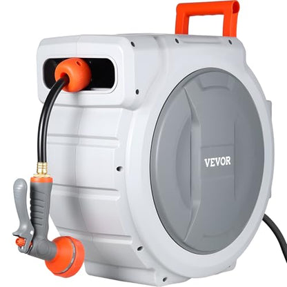 VEVOR Retractable Garden Hose Reel, 1/2 in x 130 ft, Wall Mounted Hose Reel with 9-Function Sprayer Nozzle and 180° Swivel Bracket, Any Length Lock, Automatic Slow Rewind System, for Garden Watering - size: 1/2 in x 130 ft