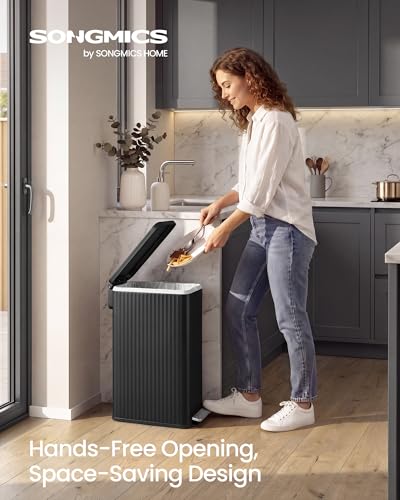 SONGMICS Trash Can, 13 Gallon (50 L) Slim, Stainless Steel, with Lid, Pedal - color: Ink Black, size: 13 Gallon (Slim)