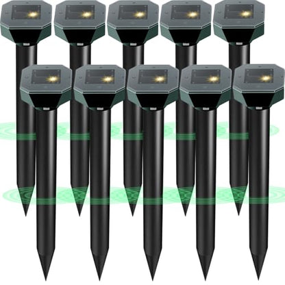 Snake & Mole & Rabbit & Skunk Repellent Solar Powered, Upgraded Ultrasonic Deterrent, IP65 Waterproof, Gopher Groundhog Chipmunk Raccoon and Vole Repellent & Deterrent for Lawn & Garden, 10 Pack - size: 1 Count (Pack of 10)
