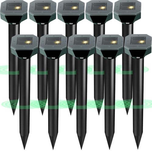 Snake & Mole & Rabbit & Skunk Repellent Solar Powered, Upgraded Ultrasonic Deterrent, IP65 Waterproof, Gopher Groundhog Chipmunk Raccoon and Vole Repellent & Deterrent for Lawn & Garden, 10 Pack - size: 1 Count (Pack of 10)