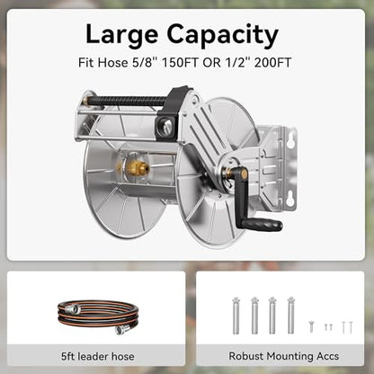 Giraffe Tools Wall Mounted Stainless Steel Garden Hose Reel,150FT 5/8" Hose - size: 150 FT Capacity