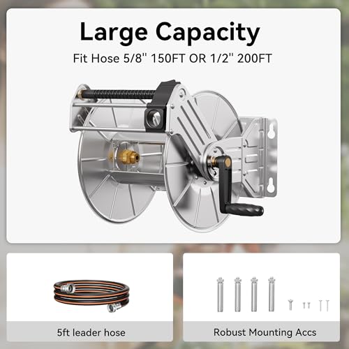 Giraffe Tools Wall Mounted Stainless Steel Garden Hose Reel,150FT 5/8" Hose - size: 150 FT Capacity