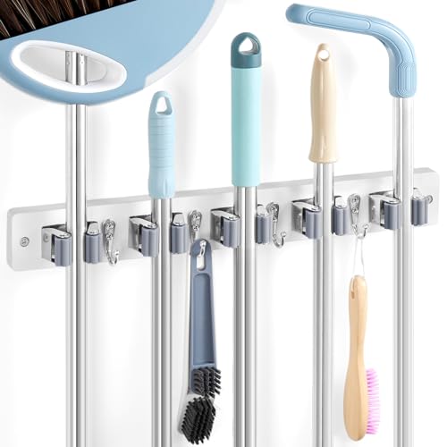 White Broom Holder Wall Mount - Heavy Duty Wood Mop and Broom Organizer with 5 Slots & 4 Hooks - Garden Tool Hanger for Laundry Room Closet Kitchen Garage Storage and Organization - Modern Home Decor - color: White-5 Slots