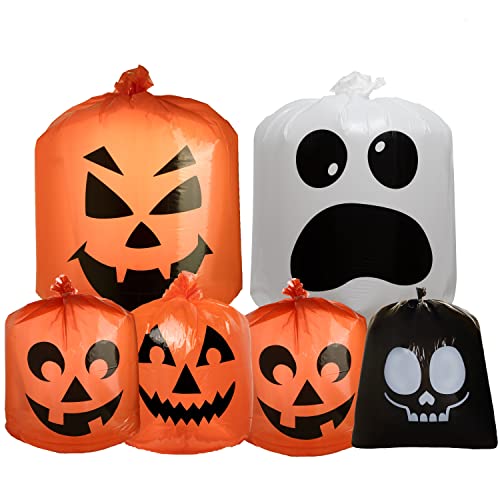 JOYIN 6 Pcs Halloween Leaf Bags, Pumpkin Leaf Lawn Bags for Yard Fall Outdoor Decorations, Plastic Resuable Jack o' Lantern Trash Bag for Halloween Decor Party Favors, Party Supplies