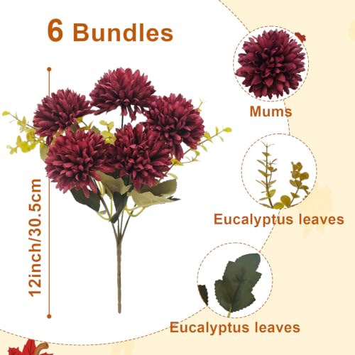6 Bundles Artificial Mums for Outdoors UV Resistant Fake Fall Flowers for Outdoor Realistic Fall Mums with Eucalyptus Leaves for Planter Front Porch Window Box Patio Garden Autumn Thanksgiving Decor - color: Red