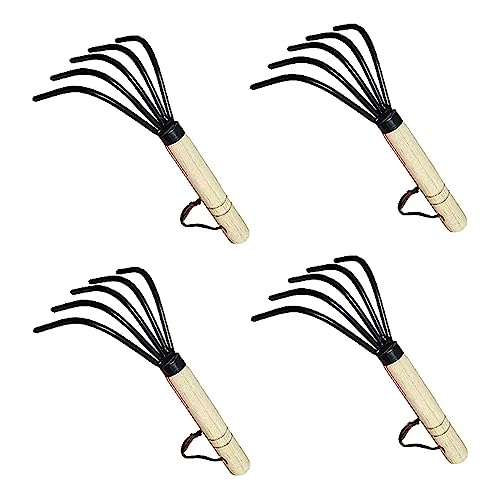 Garden Guru Hand Rake Cultivator Claw Soil Tiller - Military Grade Steel - Rust Resistant - 5 Tine Japanese Ninja Claw - Comfortable Wood Handle - Perfect Pulverized and Aerated Soil (4 Pack) - color: Short Handle, size: 4 Pack
