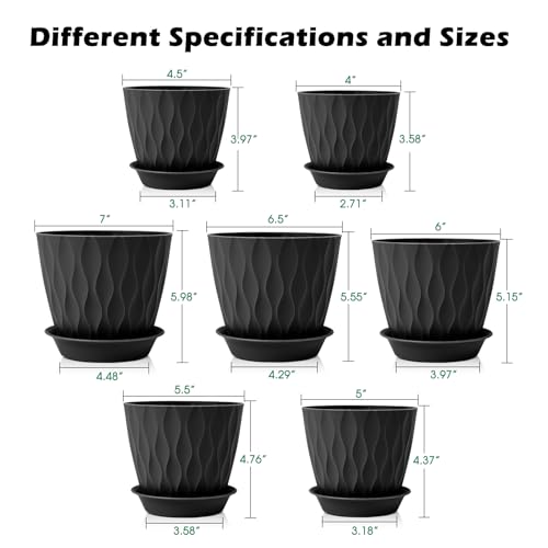 GARDIFE 7 Pack Plant Pots 4-7 inch with Drainage Holes and Tray, Black - color: Black