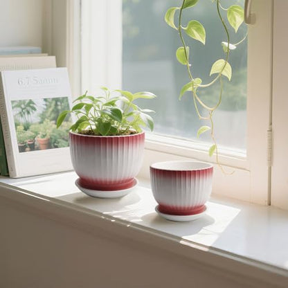 Ceramic Plant Pots, Set of 2, Pink + White, 6.7 + 5.5 Inch - color: Pink + White