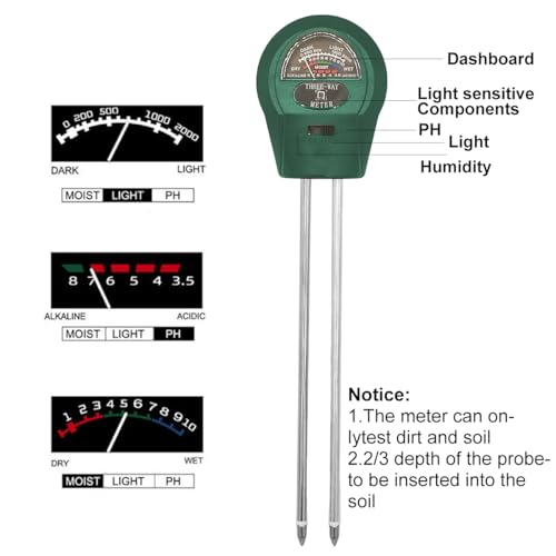 Soil Tester, 3-in-1 Multifunctional Tester. Moisture, Light, Soil Ph Value Detection, Suitable for Lawns, Gardens, Farms, Promote Plants Healthy Growth