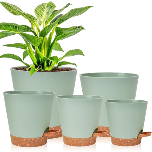 Vanslogreen Planters for Indoor Plants 7/6.5/6/5.5/5 Inch, Self Watering Planters with Drainage Holes and Saucers 5 Pack Plastic Pots for Plants, Succulents, Herbs, Cactus, Flower Pots, Green - color: Green-pack of 5, size: 5PCS|7+6.5+6+5.5+5
